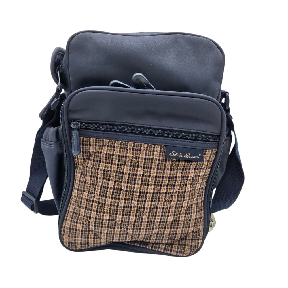 VTG Eddie Bauer Diaper Bag Blue Brown‎ Plaid Quilted Travel Utility Gorpcore